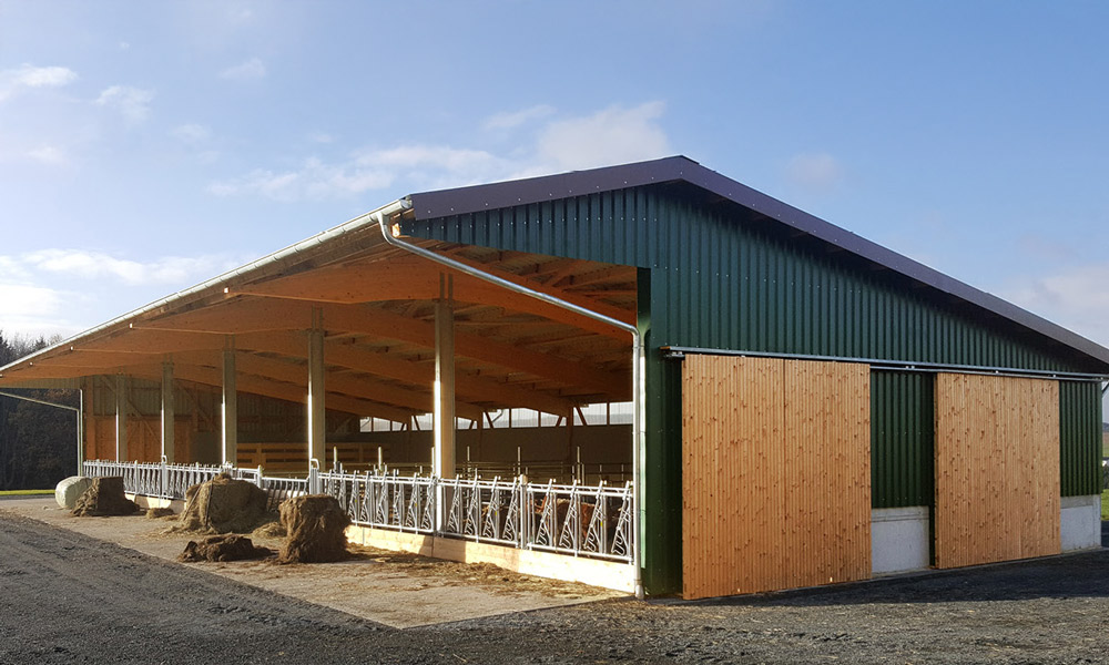 Offenstall mit grüner Holz- und Stahlkonstruktion im Sonnenschein